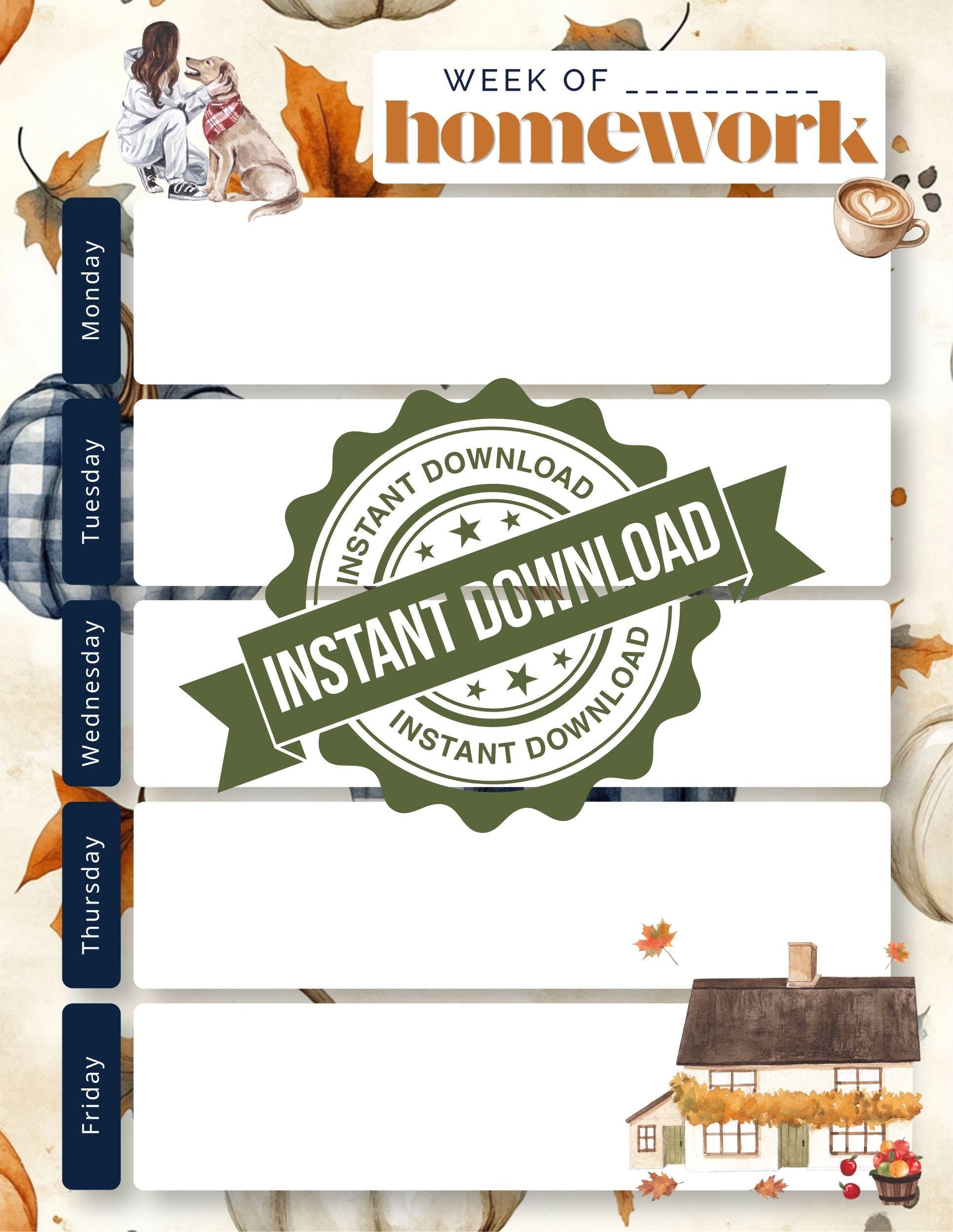 Autumn Weekly Homework Planner | Undated | Instant Download | Printable | Back to School Fall Elements
