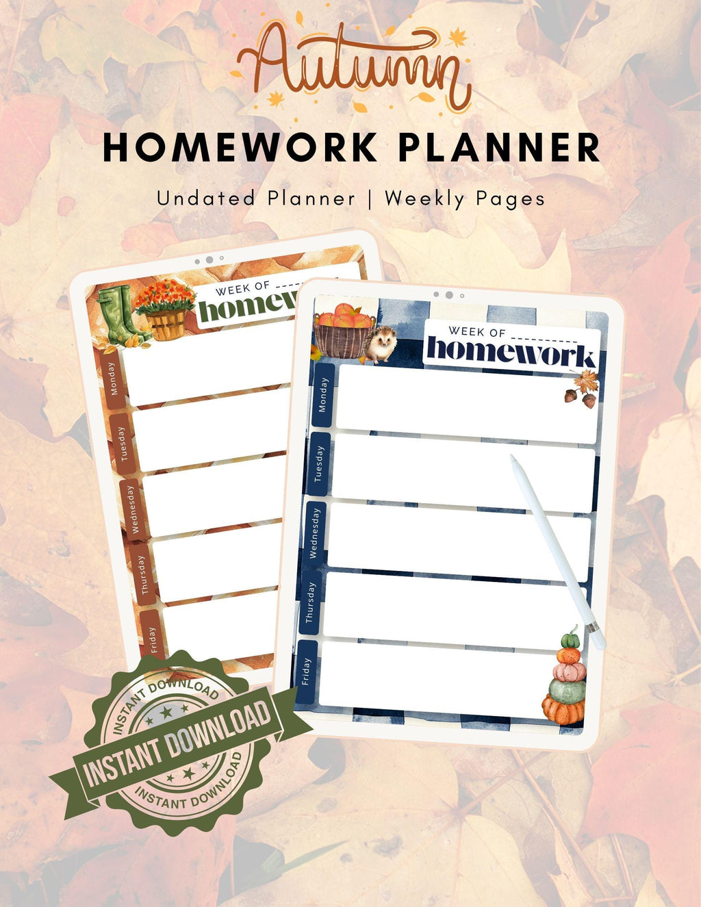 Autumn Weekly Homework Planner | Undated | Instant Download | Printable | Back to School Fall Elements