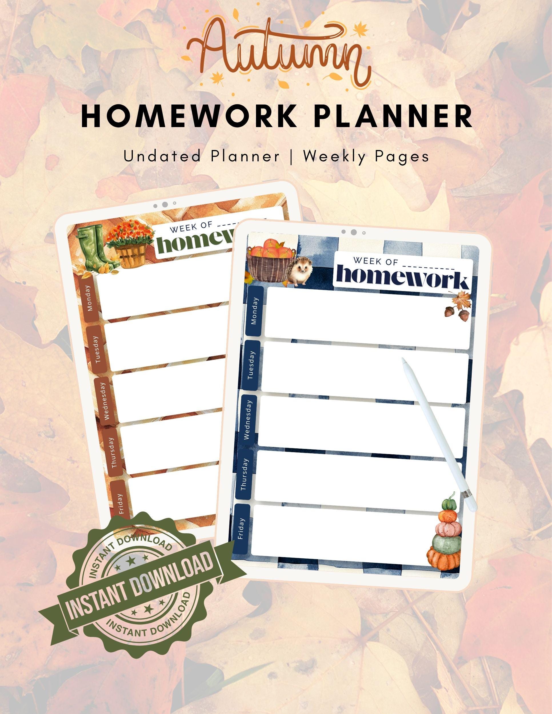 Autumn Weekly Homework Planner | Undated | Instant Download | Printable | Back to School Fall Elements