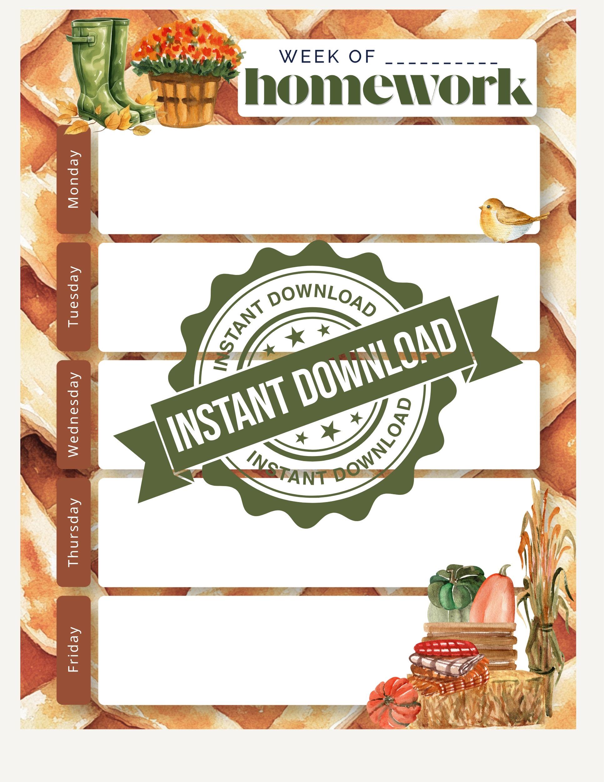 Autumn Weekly Homework Planner | Undated | Instant Download | Printable | Back to School Fall Elements