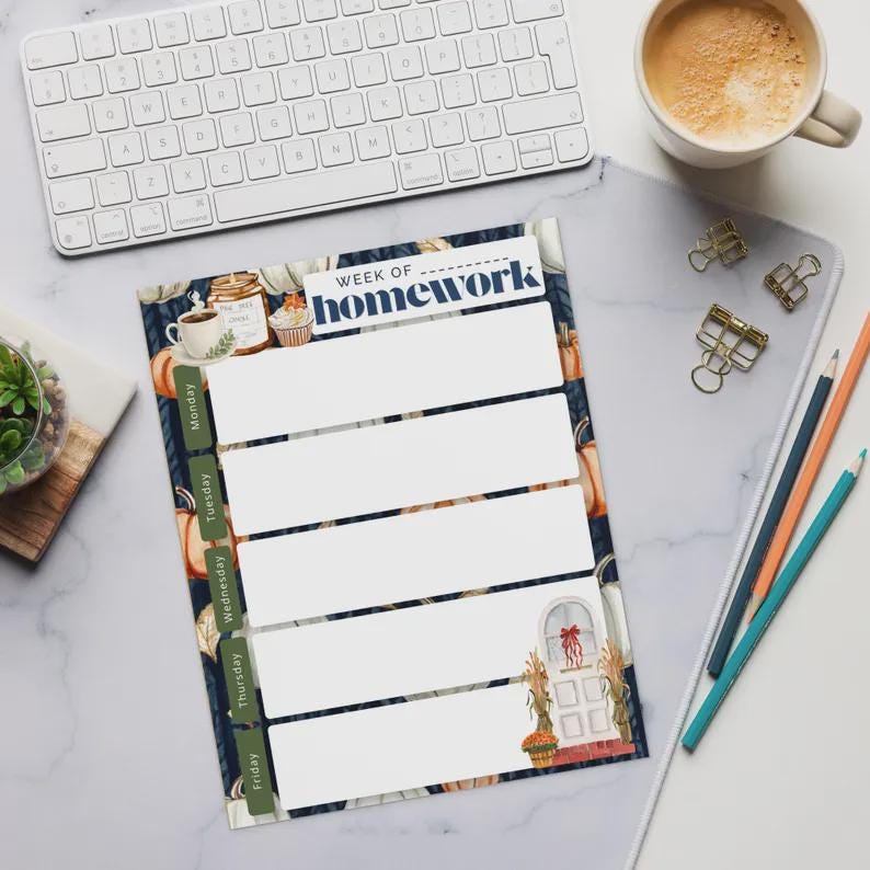 Autumn Weekly Homework Planner | Undated | Instant Download | Printable | Back to School Fall Elements