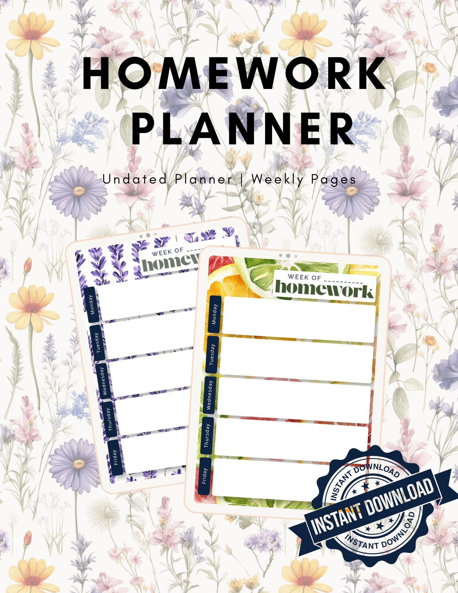 Undated Weekly Homework Planner Notepad: 20 Designs (Instant Download)