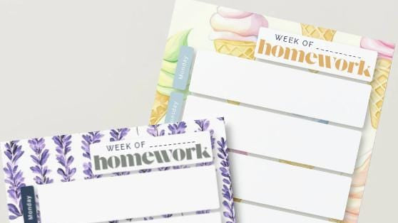 Two weekly homework planner notepad pages shown on a light neutral background. The front pad has a purple floral border and the words 'WEEK OF homework' at the top, while the back pad shows pastel-colored headers and a multicolor patterned border.