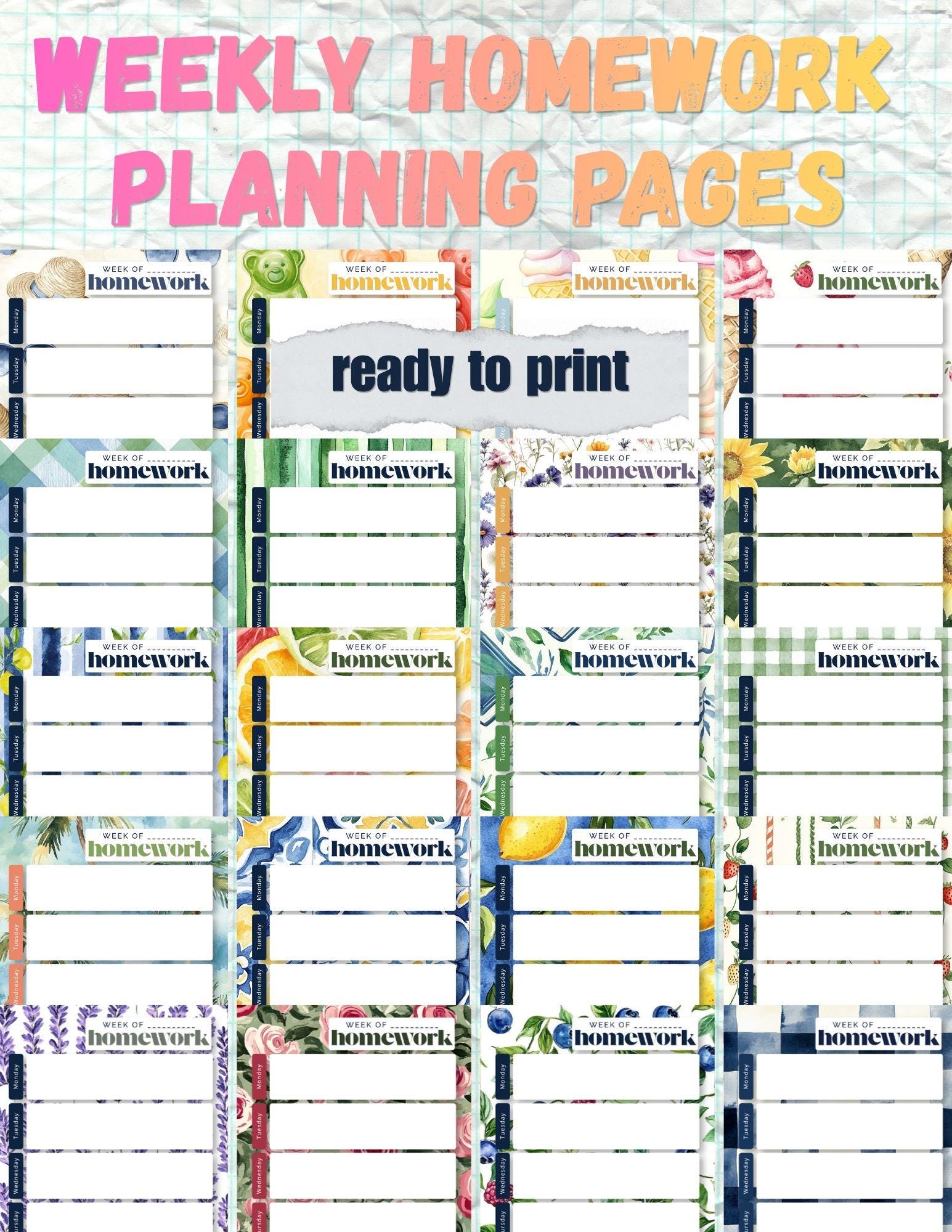 Undated Weekly Homework Planner Notepad: 20 Designs (Instant Download)