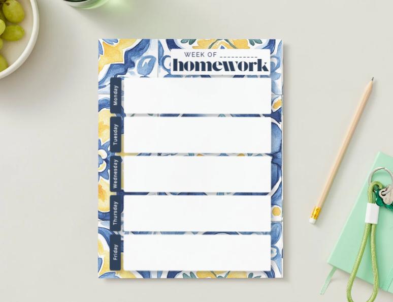Blue Yellow Tile Weekly Homework Planner | Mediterranean Student Homework Tracker (Digital Download)