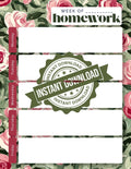 Floral Weekly Homework Planner | Shabby Chic Student Agenda (Digital Download)