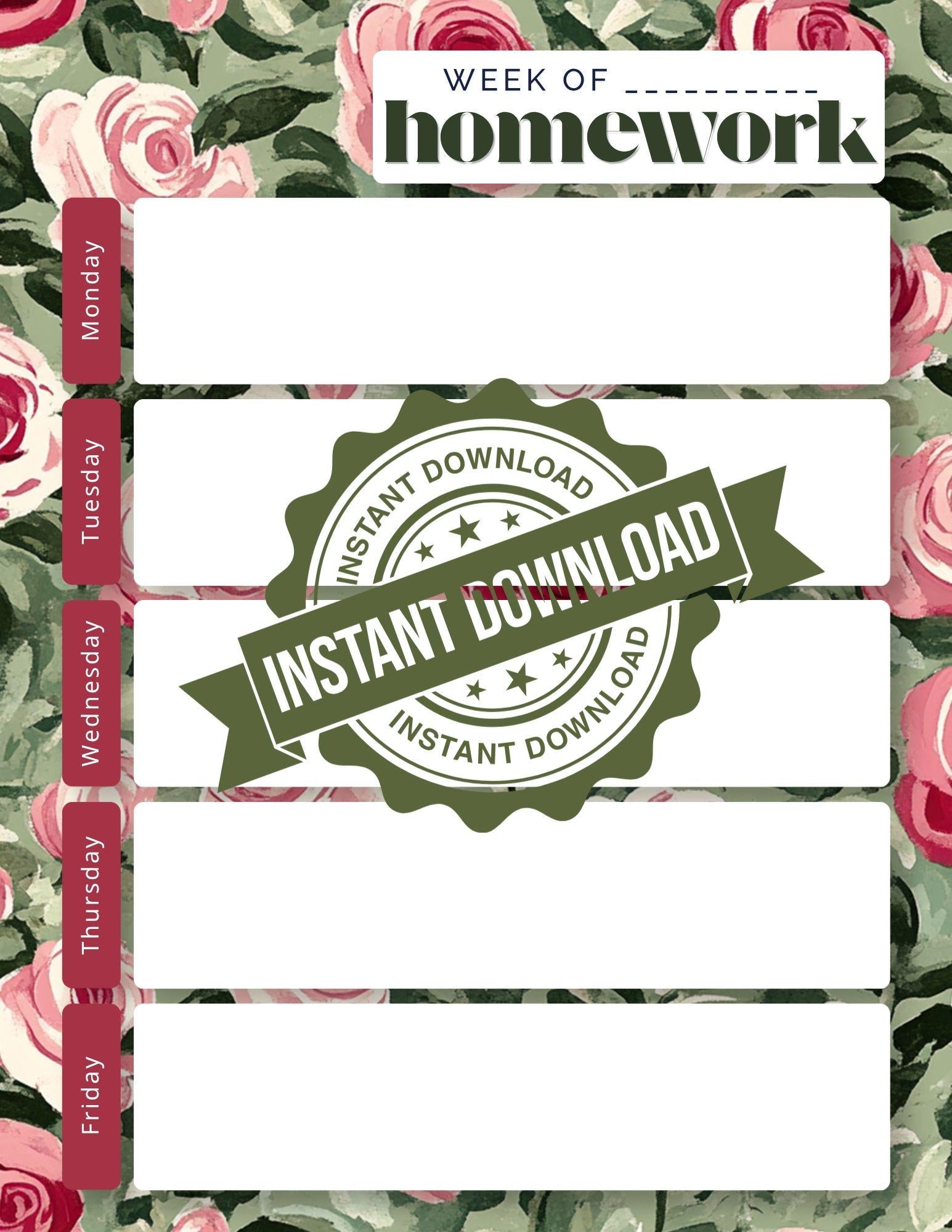 Floral Weekly Homework Planner | Shabby Chic Student Agenda (Digital Download)