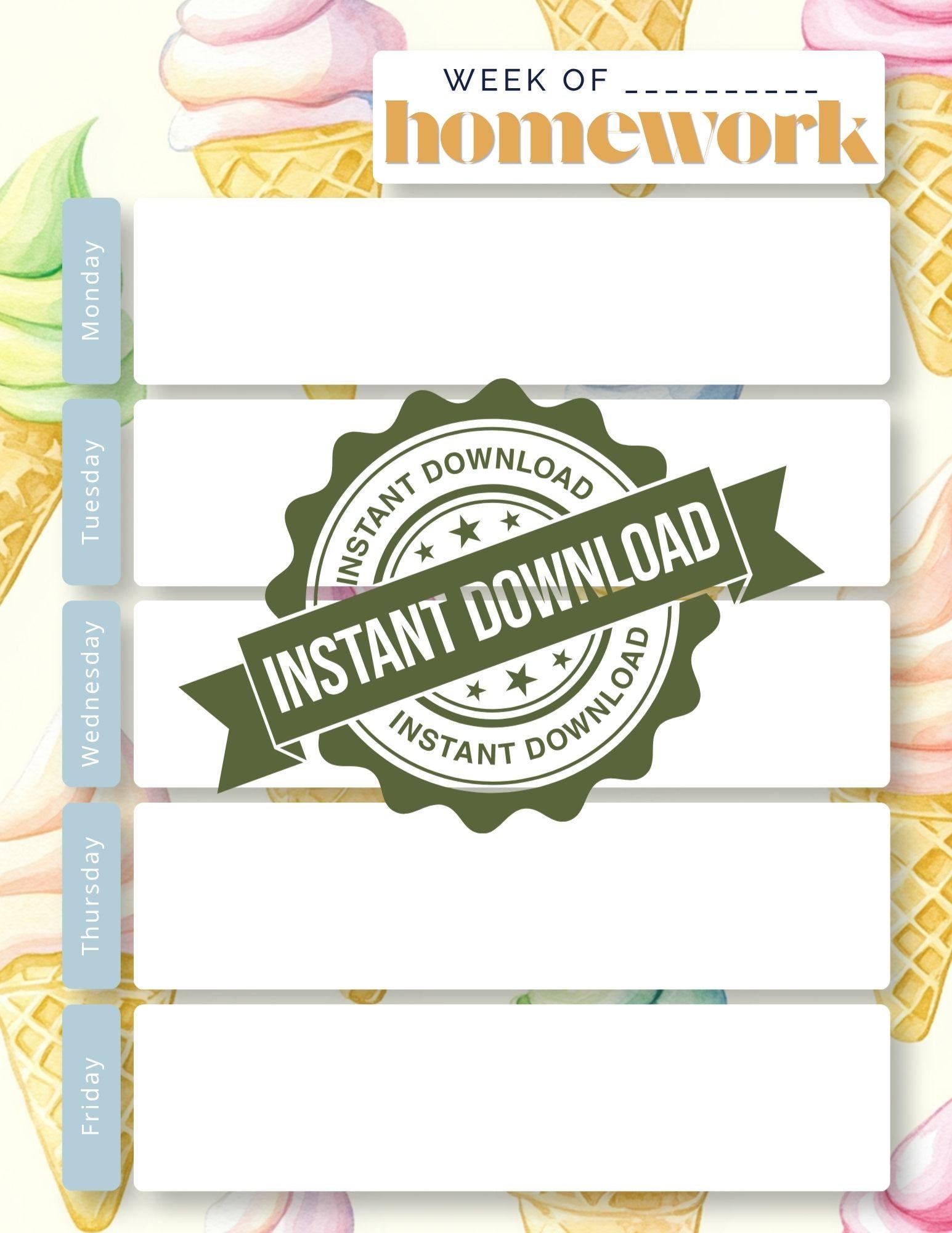 Pastel Ice Cream Weekly Homework Planner | Kawaii Study Tracker (PDF Download)