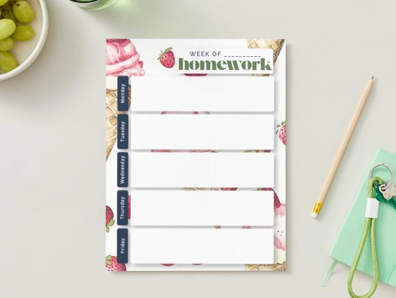 Strawberry Ice Cream Weekly Homework Planner | Kawaii Study Tracker (PDF Download)