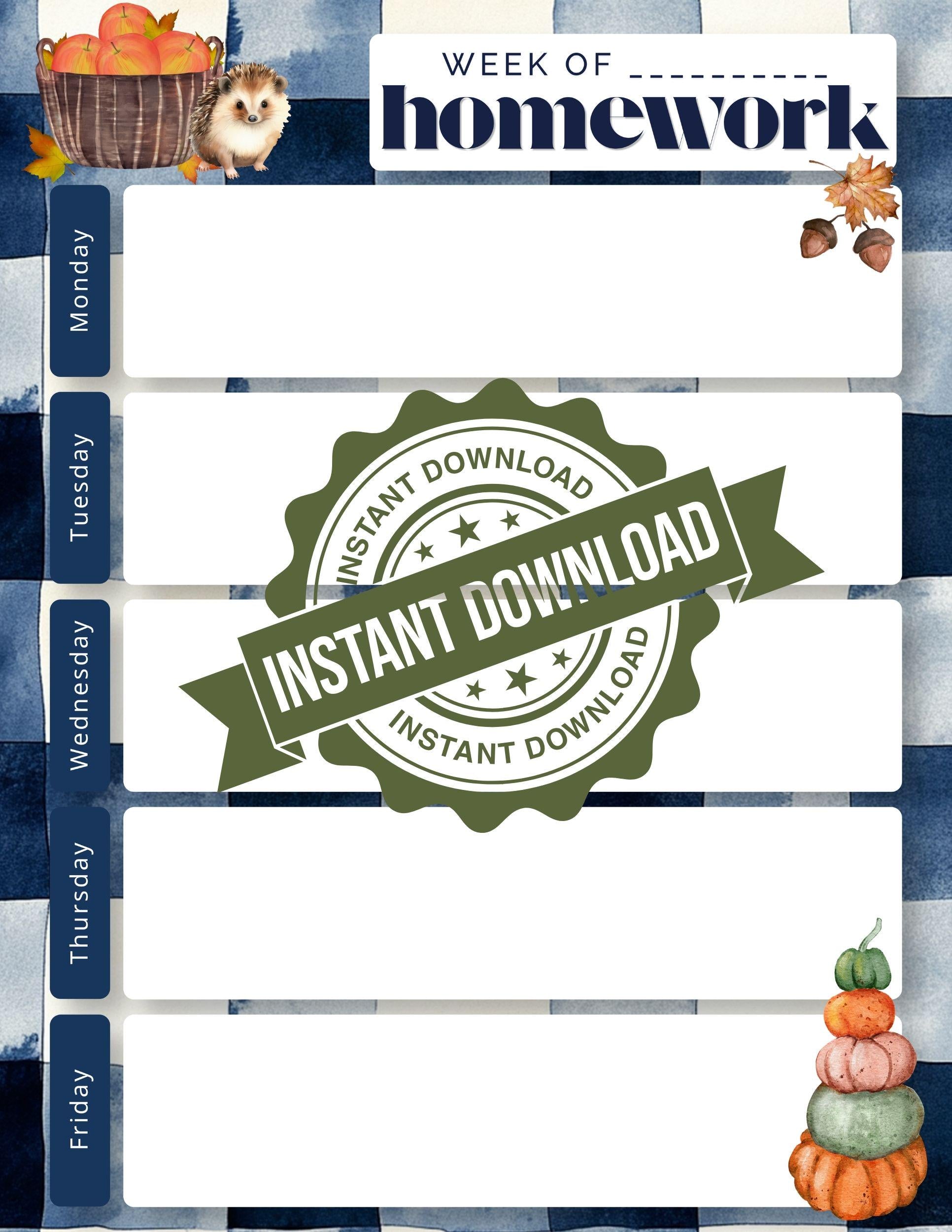 Autumn Weekly Homework Planner | Undated | Instant Download | Printable | Back to School Fall Elements