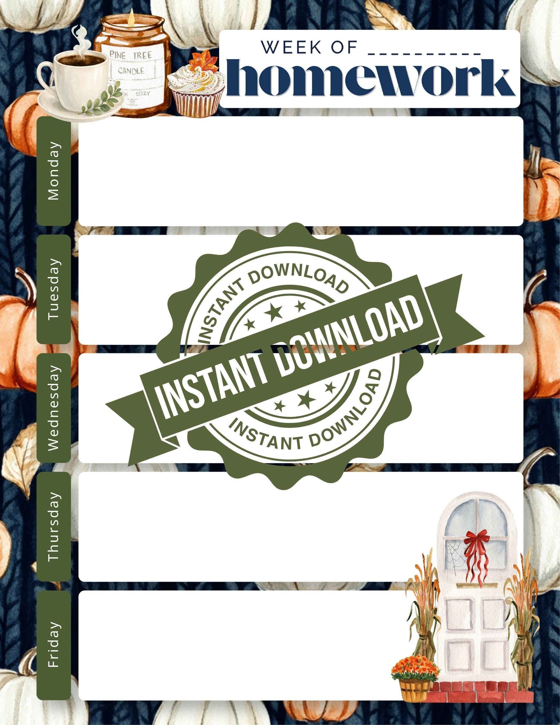 Autumn Weekly Homework Planner | Undated | Instant Download | Printable | Back to School Fall Elements