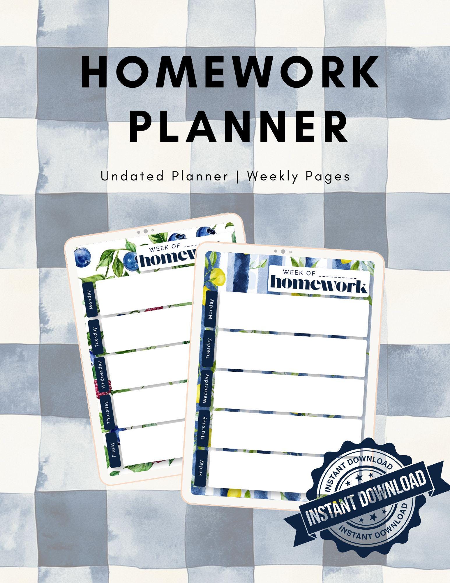 Undated Weekly Homework Planner Notepad: 20 Designs (Instant Download)