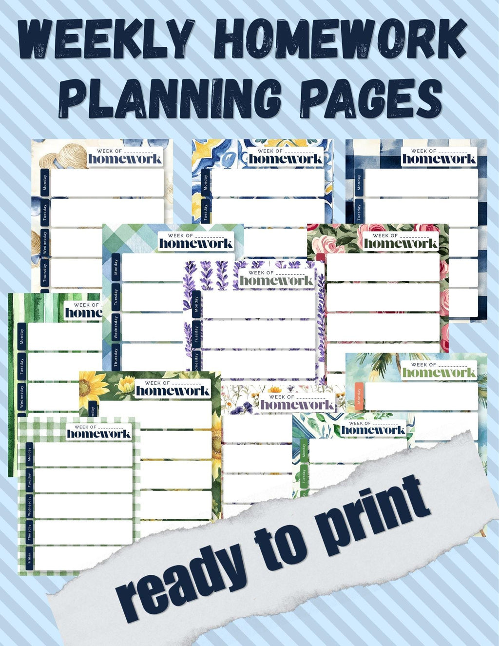 BUNDLE: Weekly Homework Undated Notepad | Back to School Organization | Classic Floral, Gingham, Stripes