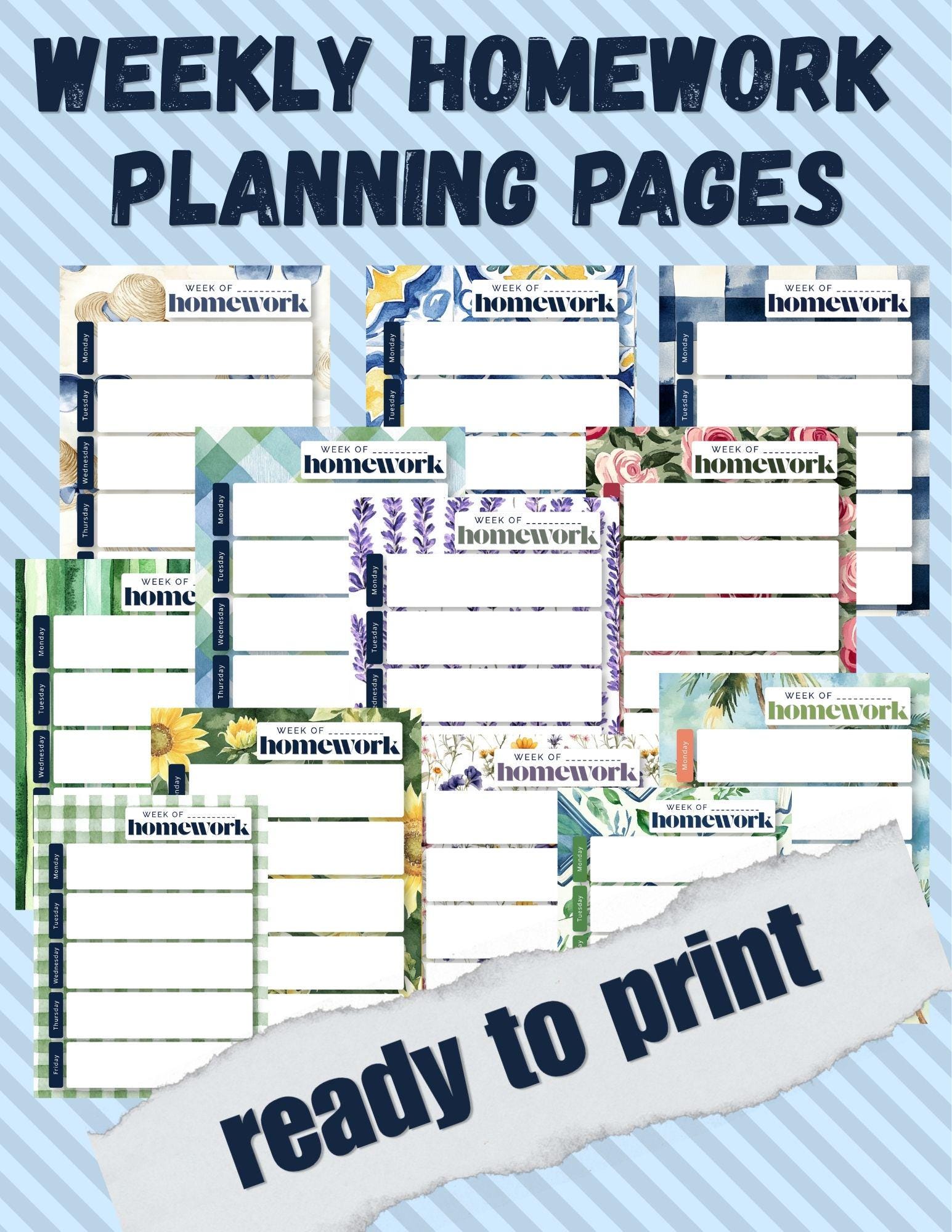 BUNDLE: Weekly Homework Undated Notepad | Back to School Organization | Classic Floral, Gingham, Stripes