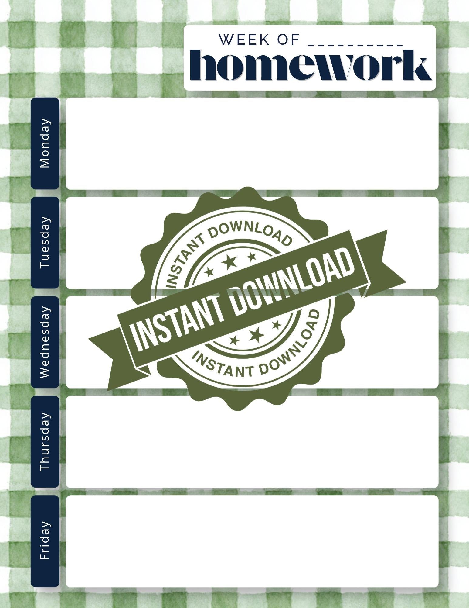 Sage Gingham Weekly Homework Planner | Student Study Tracker (Digital Download)