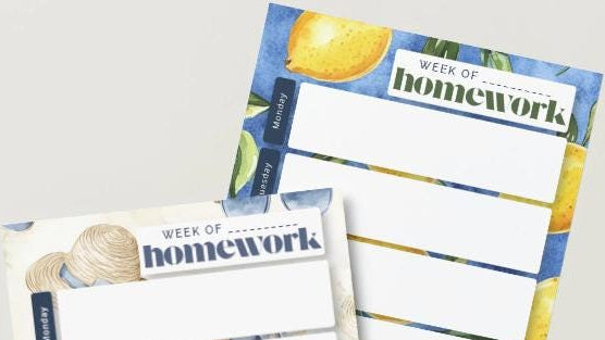 Two weekly homework planner inserts with a watercolor lemon and blue ocean design, displayed on a light beige background.