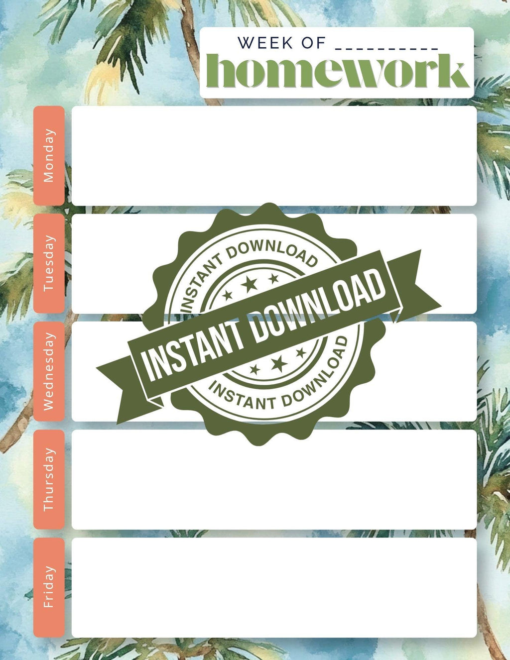 Tropical Palm Weekly Homework Planner | Coastal Student Agenda (Digital Download)