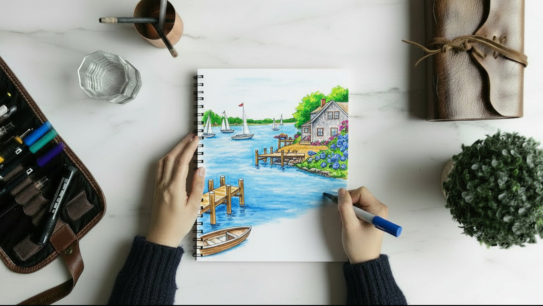 Top-down view of a person's hands drawing a colorful landscape sketch in a spiral notebook on a white marble desk, surrounded by art supplies, a leather-bound notebook, and a small potted plant.